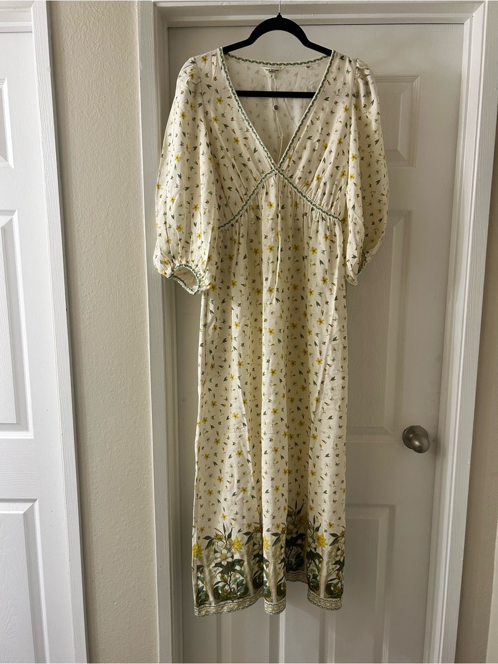 Max Studio London Cream Maxi Dress with Yellow Floral Print and Green Trim